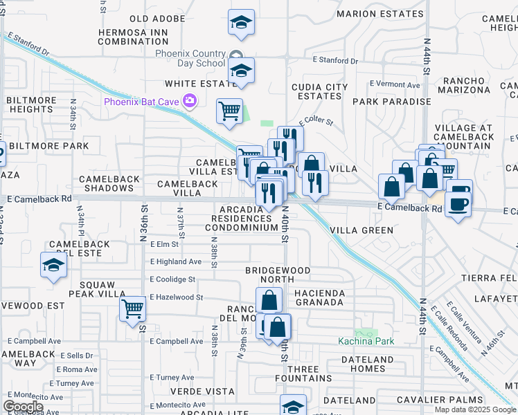 map of restaurants, bars, coffee shops, grocery stores, and more near 3900 East Camelback Road in Phoenix