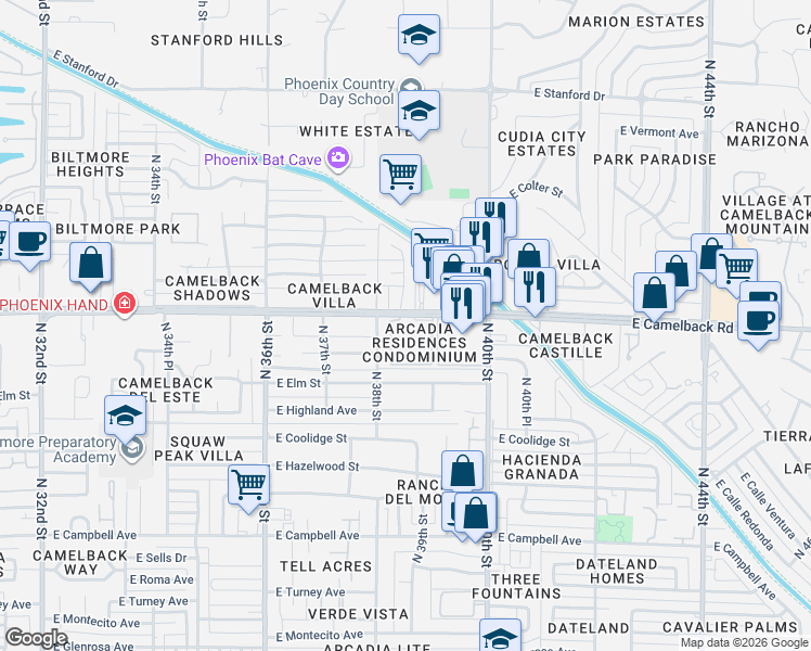 map of restaurants, bars, coffee shops, grocery stores, and more near 5002 North 38th Place in Phoenix