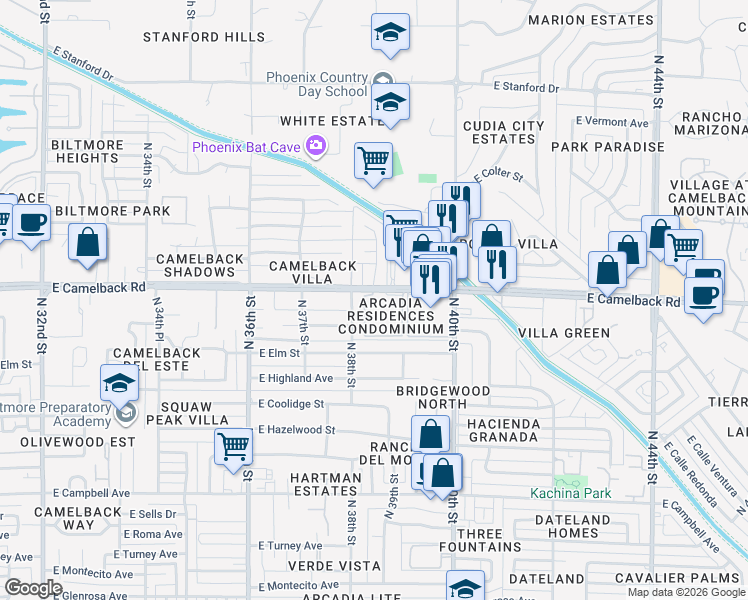 map of restaurants, bars, coffee shops, grocery stores, and more near 3825 East Camelback Road in Phoenix