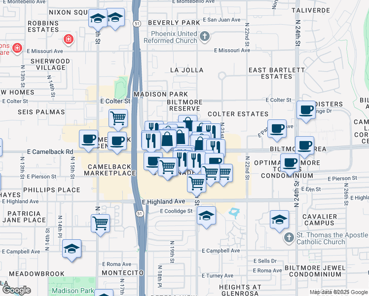 map of restaurants, bars, coffee shops, grocery stores, and more near in Phoenix