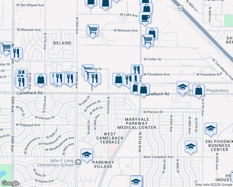 map of restaurants, bars, coffee shops, grocery stores, and more near 5212 North 52nd Avenue in Phoenix