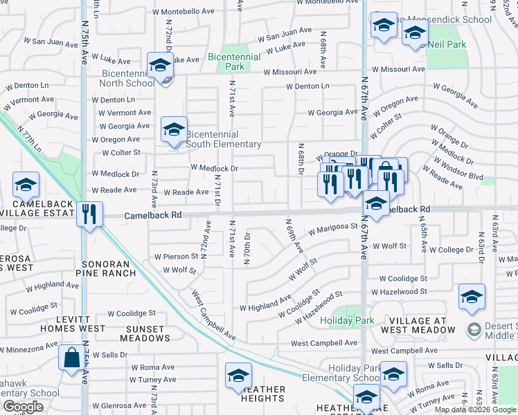 map of restaurants, bars, coffee shops, grocery stores, and more near 5022 North 69th Drive in Glendale
