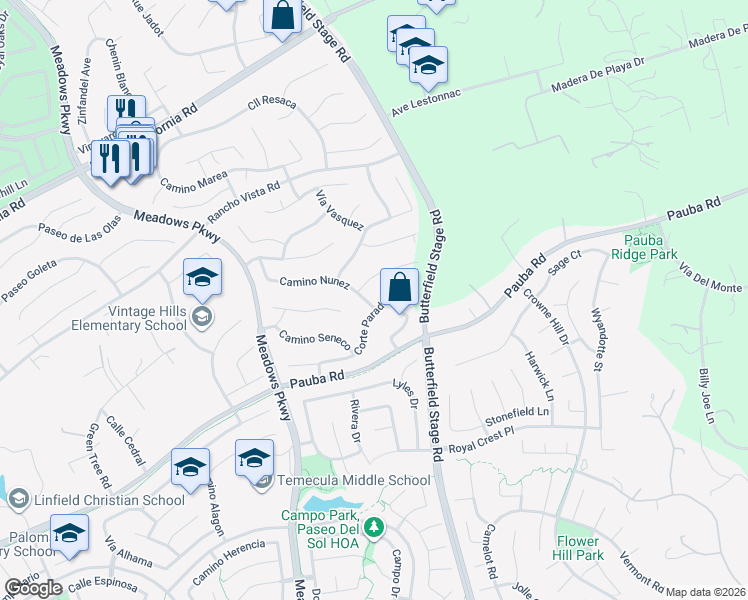 map of restaurants, bars, coffee shops, grocery stores, and more near 32346 Corte Parado in Temecula