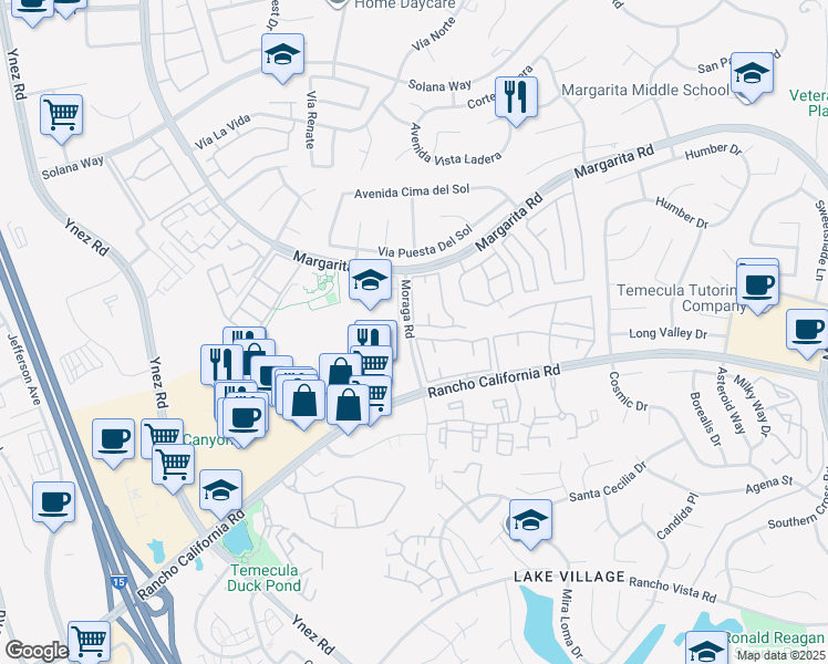 map of restaurants, bars, coffee shops, grocery stores, and more near 42036 Moraga Road in Temecula