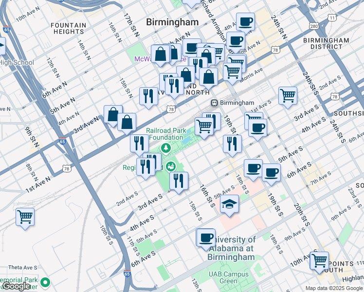map of restaurants, bars, coffee shops, grocery stores, and more near 1700 1st Avenue South in Birmingham