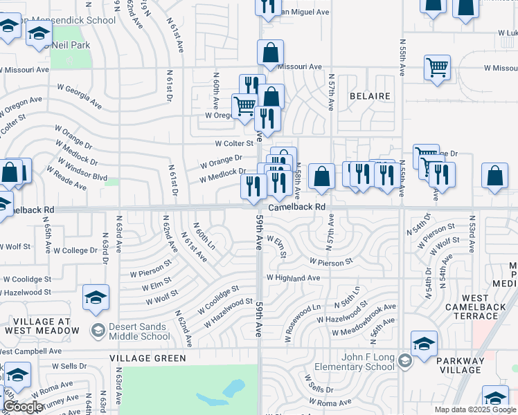 map of restaurants, bars, coffee shops, grocery stores, and more near W Camelback Rd & N 59th Ave in Glendale