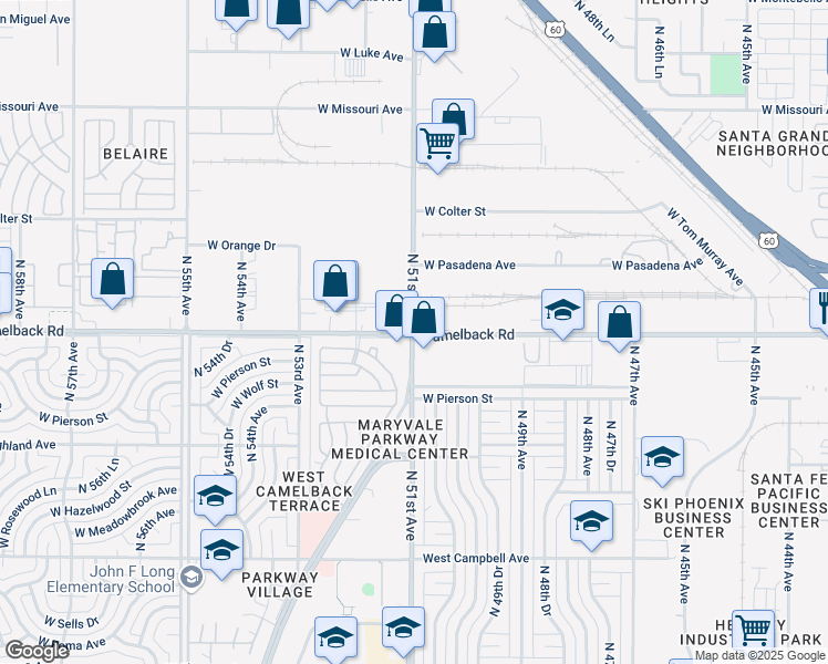 map of restaurants, bars, coffee shops, grocery stores, and more near W Camelback Rd & N 51st Ave in Glendale