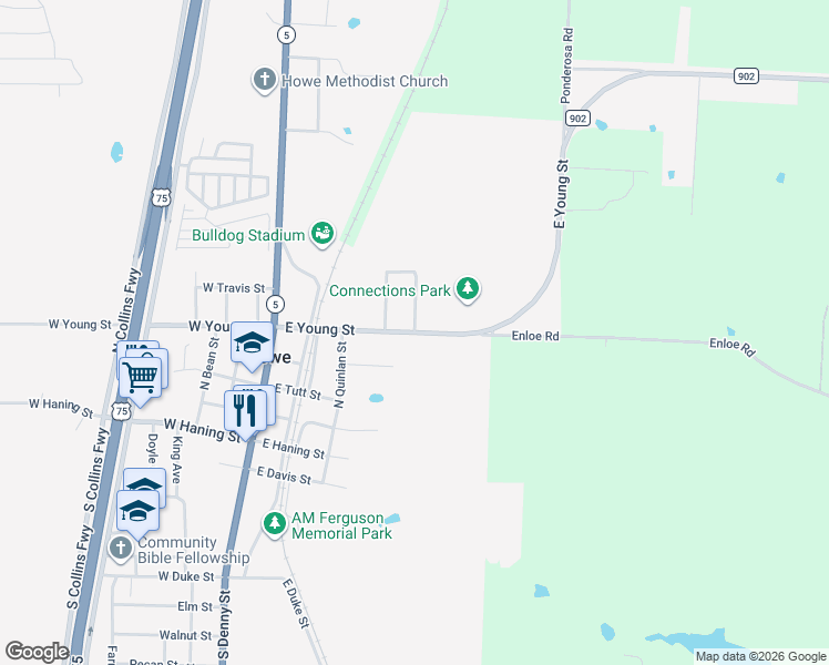map of restaurants, bars, coffee shops, grocery stores, and more near 503 North Castlegate Street in Howe