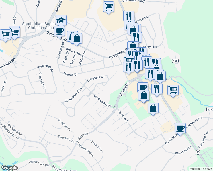 map of restaurants, bars, coffee shops, grocery stores, and more near 128 Shelby Drive in Aiken