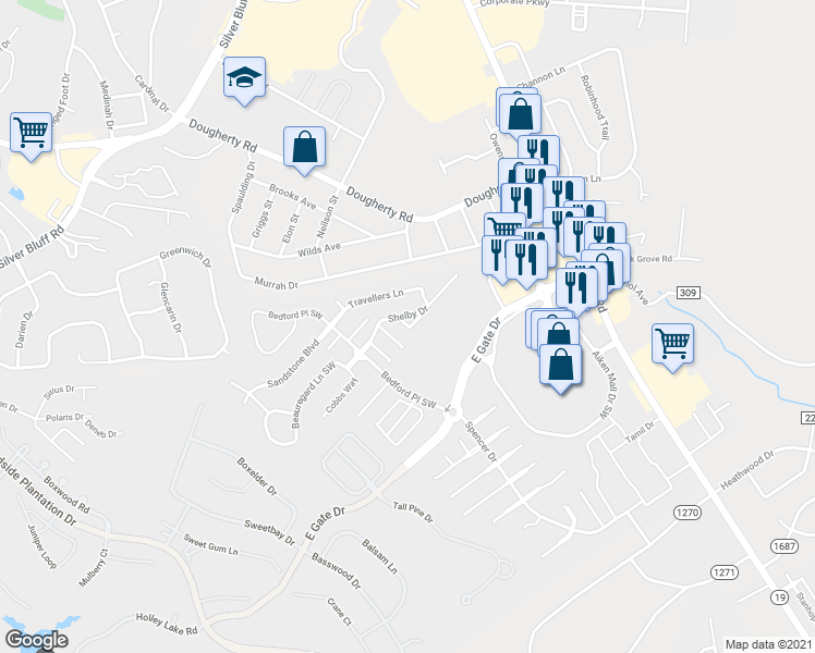 map of restaurants, bars, coffee shops, grocery stores, and more near 201 Sandy Run in Aiken