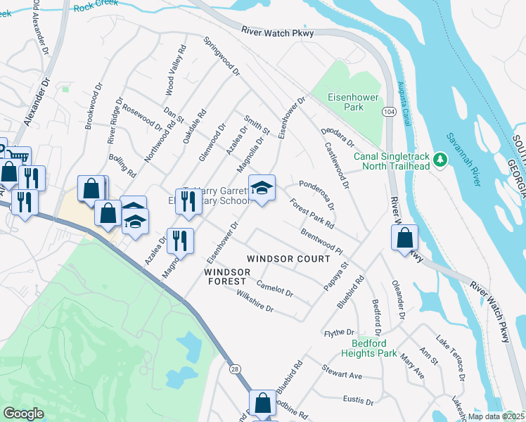 map of restaurants, bars, coffee shops, grocery stores, and more near 1100 Eisenhower Drive in Augusta