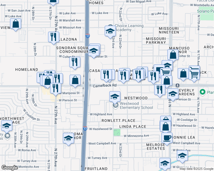 map of restaurants, bars, coffee shops, grocery stores, and more near 2355 West Camelback Road in Phoenix
