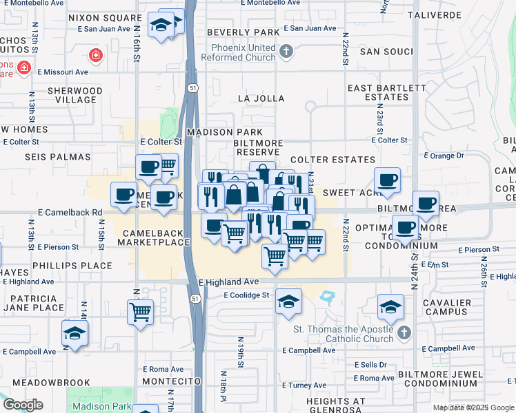 map of restaurants, bars, coffee shops, grocery stores, and more near in Phoenix