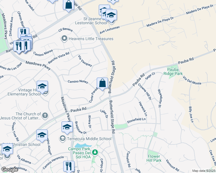map of restaurants, bars, coffee shops, grocery stores, and more near 32417 Corte Parado in Temecula