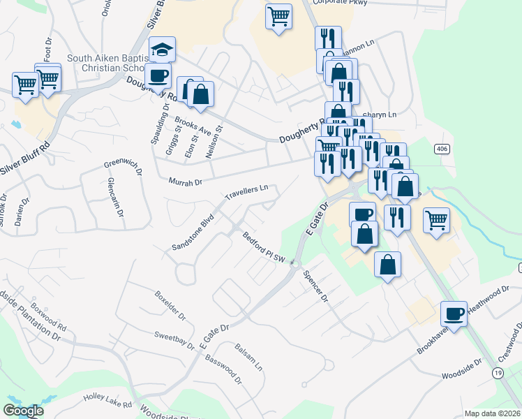 map of restaurants, bars, coffee shops, grocery stores, and more near 128 Shelby Drive in Aiken