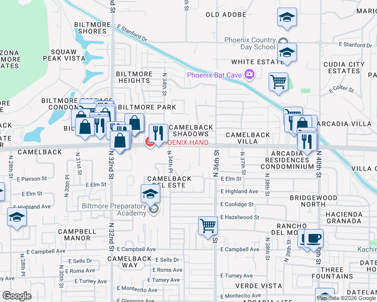map of restaurants, bars, coffee shops, grocery stores, and more near 3501 East Camelback Road in Phoenix