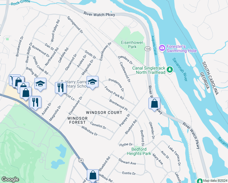 map of restaurants, bars, coffee shops, grocery stores, and more near 2421 Forest Park Road in Augusta
