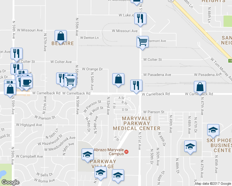 map of restaurants, bars, coffee shops, grocery stores, and more near 5212 North 52nd Avenue in Phoenix
