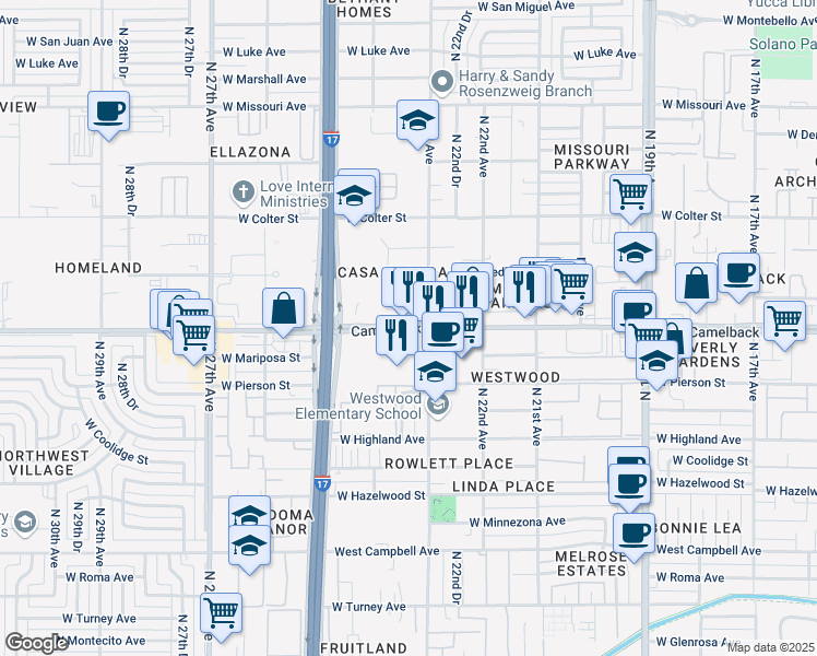 map of restaurants, bars, coffee shops, grocery stores, and more near 2355 West Camelback Road in Phoenix