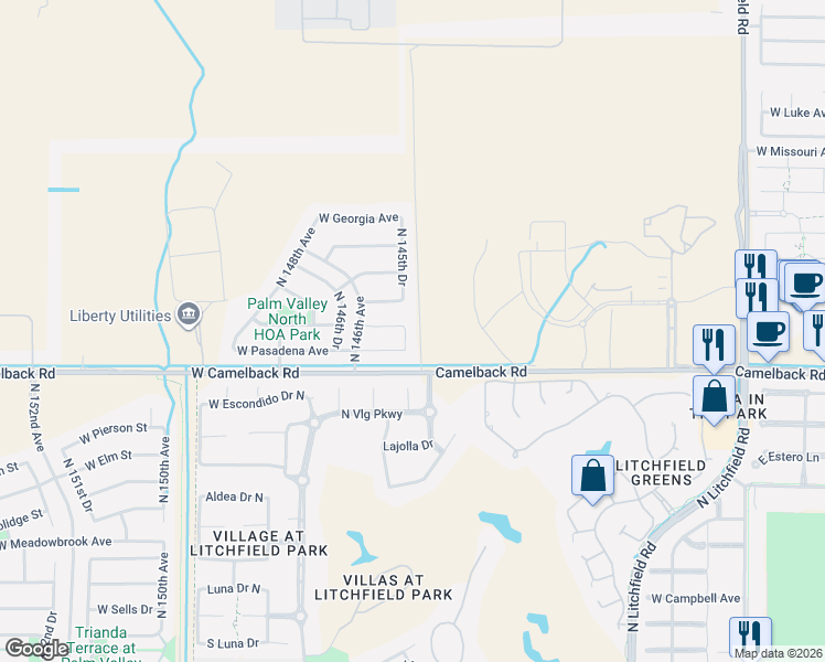 map of restaurants, bars, coffee shops, grocery stores, and more near 5085 North 145th Drive in Litchfield Park