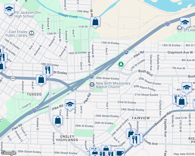 map of restaurants, bars, coffee shops, grocery stores, and more near 2337 20th Street in Birmingham