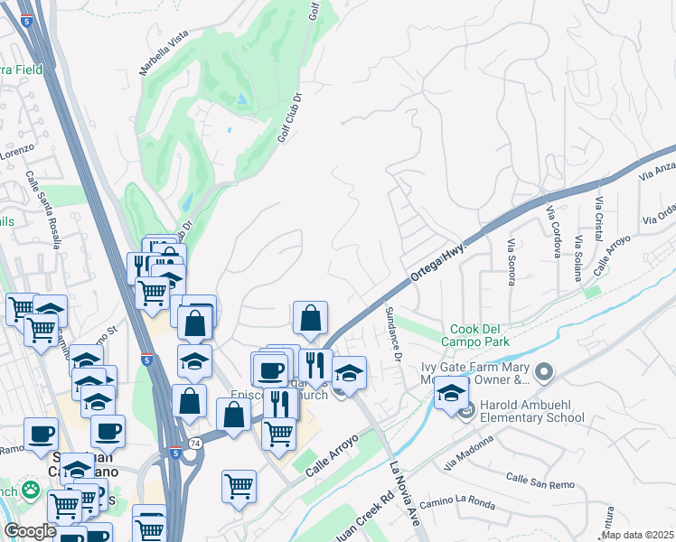 map of restaurants, bars, coffee shops, grocery stores, and more near 31216 Belford Drive in San Juan Capistrano