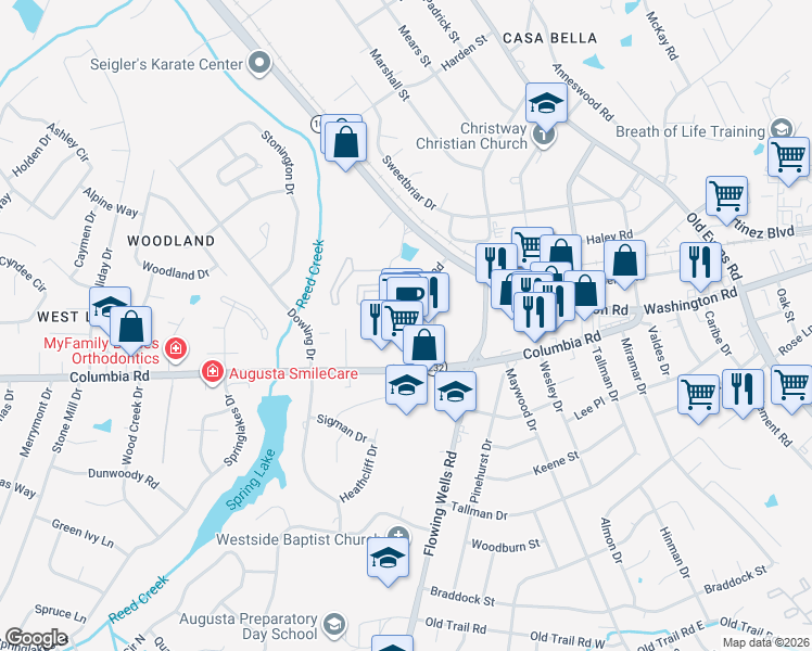 map of restaurants, bars, coffee shops, grocery stores, and more near 4115 Columbia Road in Martinez