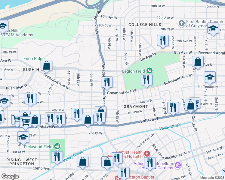 map of restaurants, bars, coffee shops, grocery stores, and more near 725 6th Avenue West in Birmingham