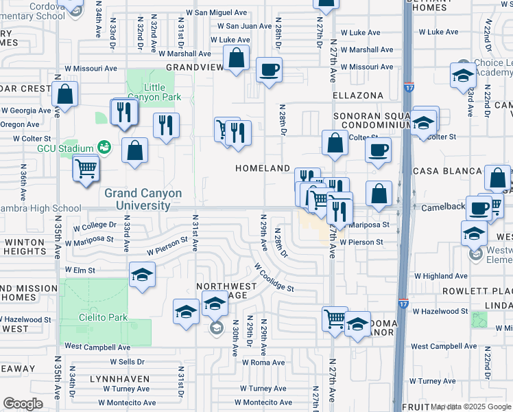 map of restaurants, bars, coffee shops, grocery stores, and more near 2932 West Camelback Road in Phoenix