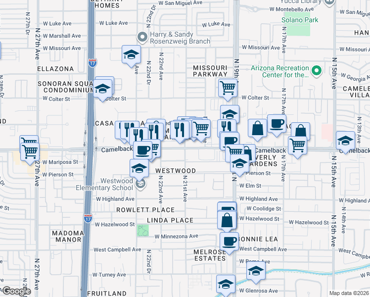 map of restaurants, bars, coffee shops, grocery stores, and more near W Camelback Rd & N 21st Ave in Phoenix