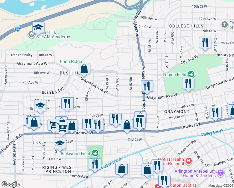 map of restaurants, bars, coffee shops, grocery stores, and more near 1006 Graymont Avenue West in Birmingham