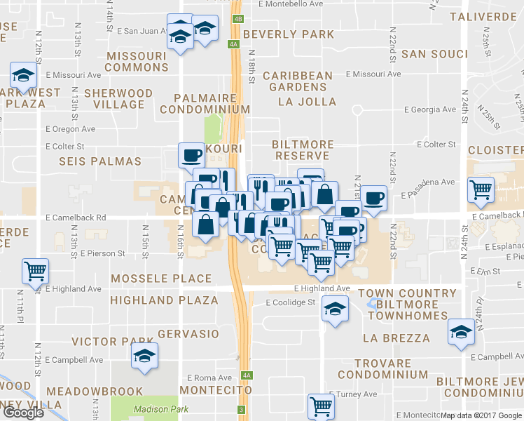 map of restaurants, bars, coffee shops, grocery stores, and more near 1812 East Camelback Road in Phoenix