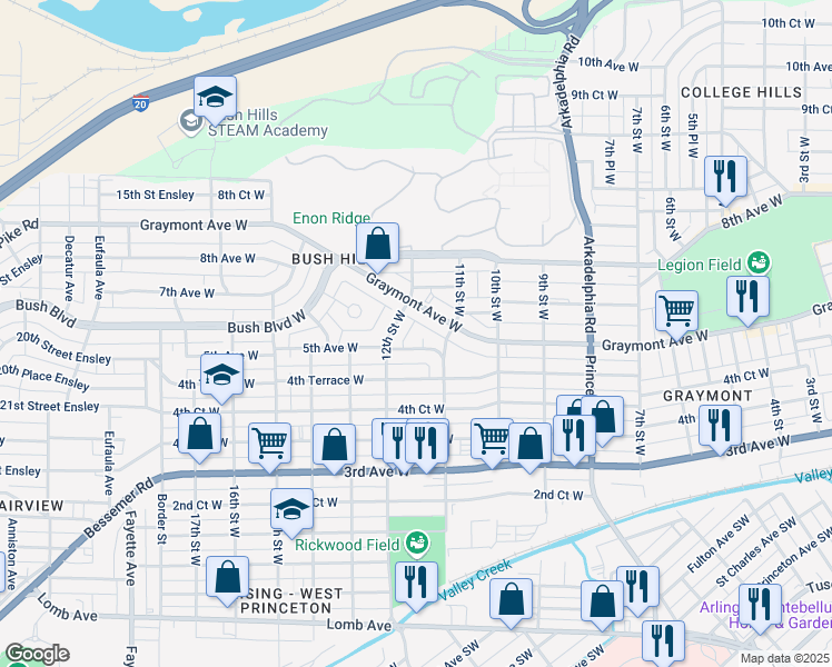 map of restaurants, bars, coffee shops, grocery stores, and more near 525 12th Street West in Birmingham