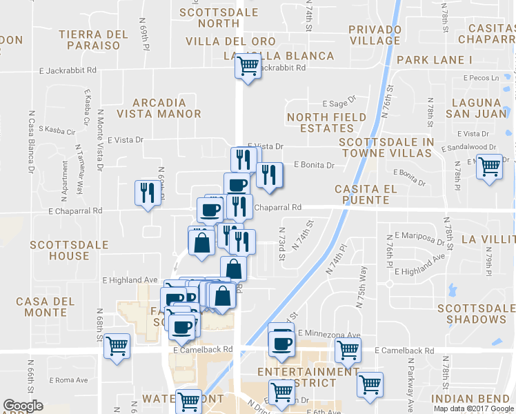 map of restaurants, bars, coffee shops, grocery stores, and more near 7340 East Chaparral Road in Scottsdale
