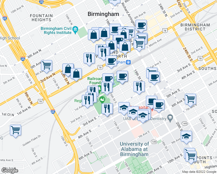map of restaurants, bars, coffee shops, grocery stores, and more near 1700 1st Avenue South in Birmingham