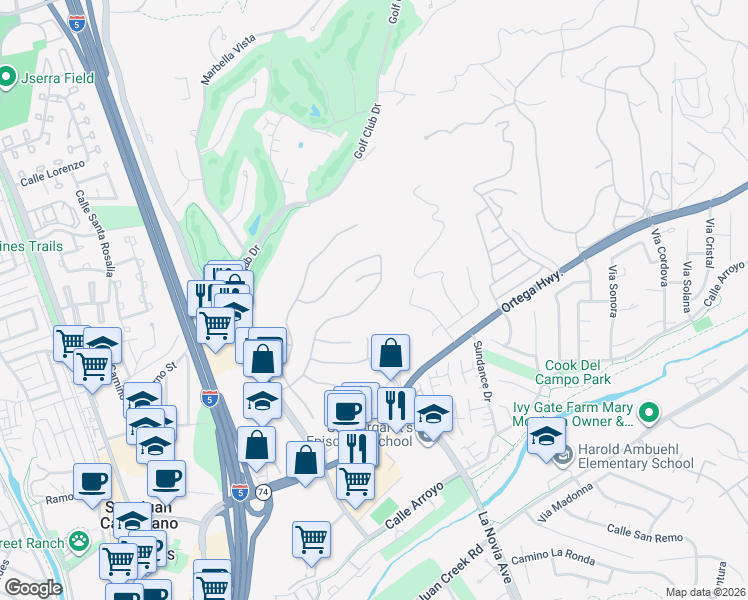 map of restaurants, bars, coffee shops, grocery stores, and more near 27492 Calle De La Rosa in San Juan Capistrano