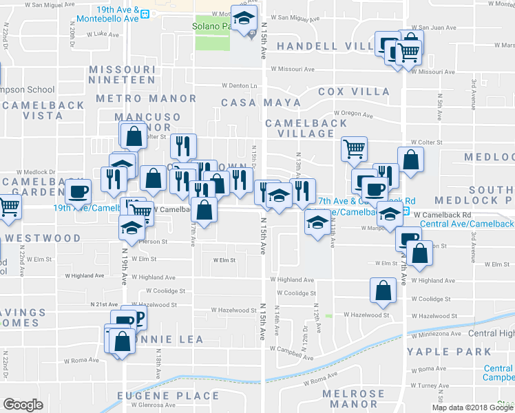 map of restaurants, bars, coffee shops, grocery stores, and more near 1516 W Camelback Rd in Phoenix