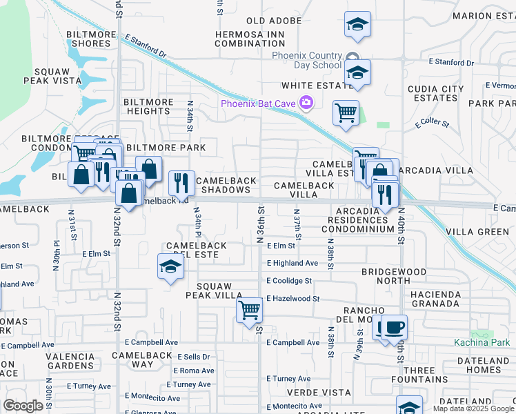 map of restaurants, bars, coffee shops, grocery stores, and more near 3532 East Camelback Road in Phoenix