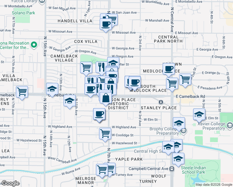 map of restaurants, bars, coffee shops, grocery stores, and more near 5025 North 7th Avenue in Phoenix