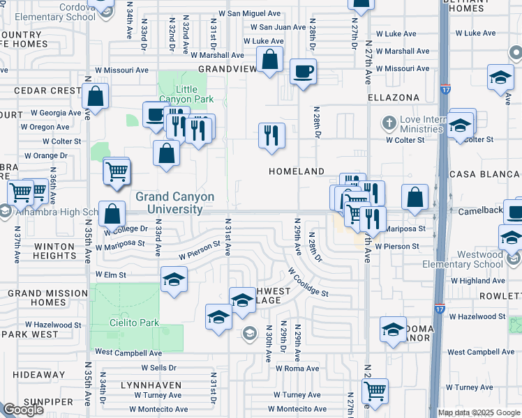 map of restaurants, bars, coffee shops, grocery stores, and more near 2942 West Camelback Road in Phoenix