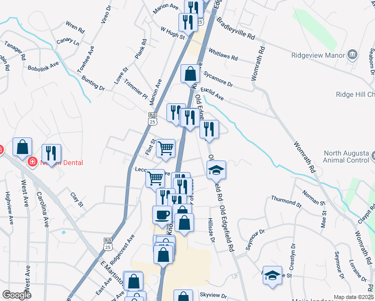map of restaurants, bars, coffee shops, grocery stores, and more near 1526 Aiken Avenue in North Augusta