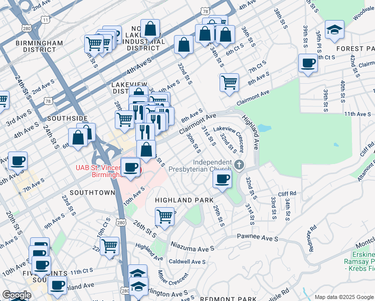 map of restaurants, bars, coffee shops, grocery stores, and more near 822 30th Street South in Birmingham