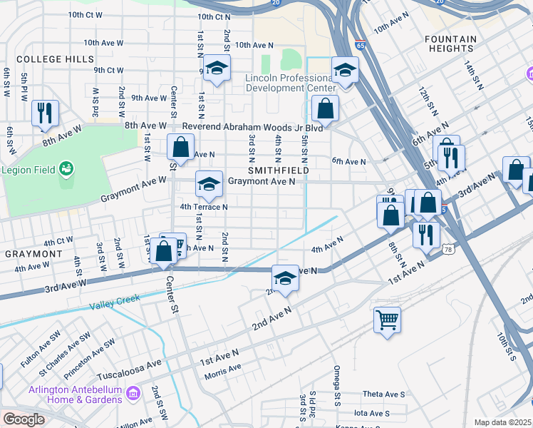 map of restaurants, bars, coffee shops, grocery stores, and more near 316 4th Terrace North in Birmingham