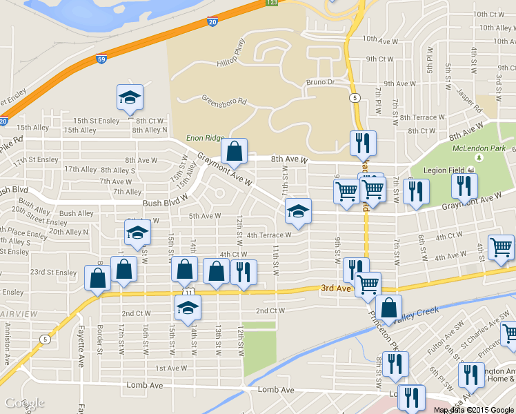 map of restaurants, bars, coffee shops, grocery stores, and more near 525 12th Street West in Birmingham