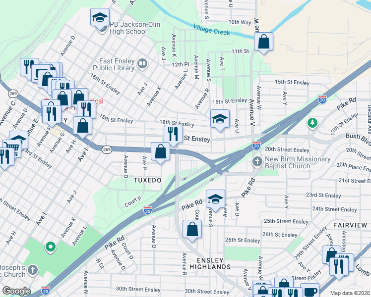 map of restaurants, bars, coffee shops, grocery stores, and more near 1831 19th Street Ensley in Birmingham