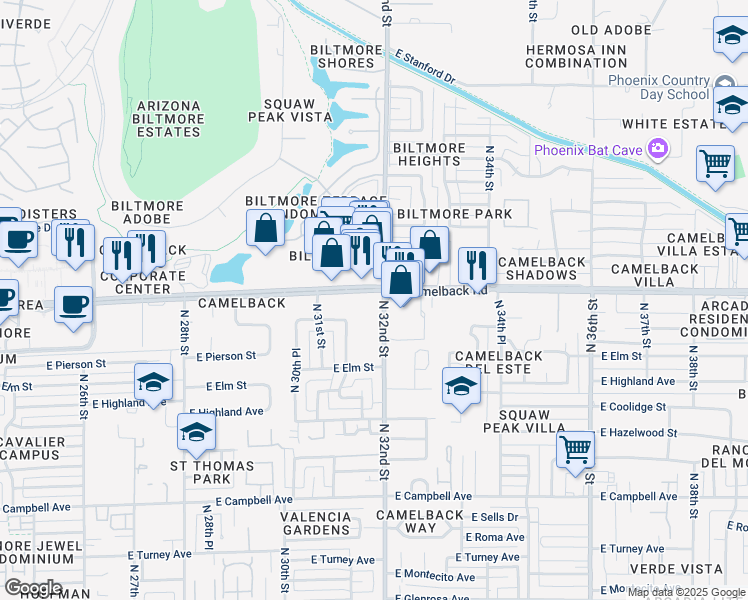 map of restaurants, bars, coffee shops, grocery stores, and more near 3131 East Camelback Road in Phoenix