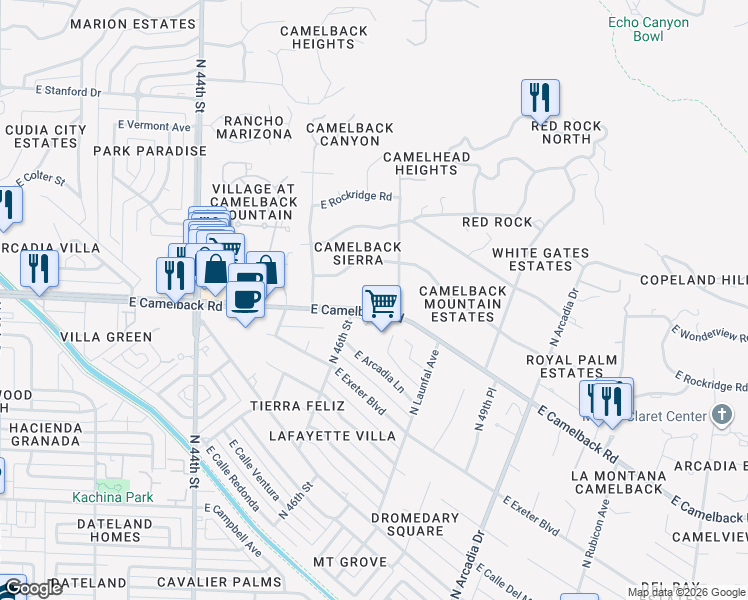 map of restaurants, bars, coffee shops, grocery stores, and more near 4630 East Camelback Road in Phoenix