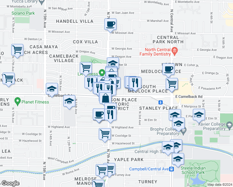 map of restaurants, bars, coffee shops, grocery stores, and more near 5025 North 7th Avenue in Phoenix