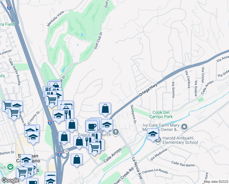 map of restaurants, bars, coffee shops, grocery stores, and more near 31216 Belford Drive in San Juan Capistrano