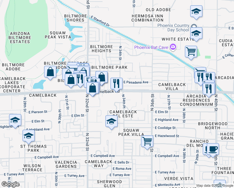 map of restaurants, bars, coffee shops, grocery stores, and more near 3333 East Camelback Road in Phoenix